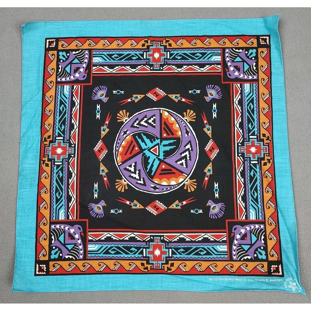 Vintage Wamcraft Bandana Handkerchief Native American Aztec Bird USA Made